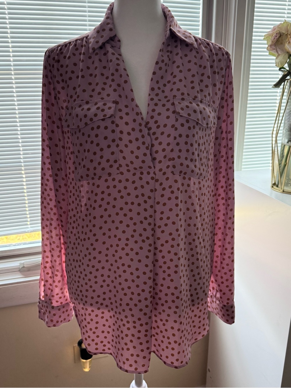 Ann Taylor Pink Blouse with Brown Polka Dots